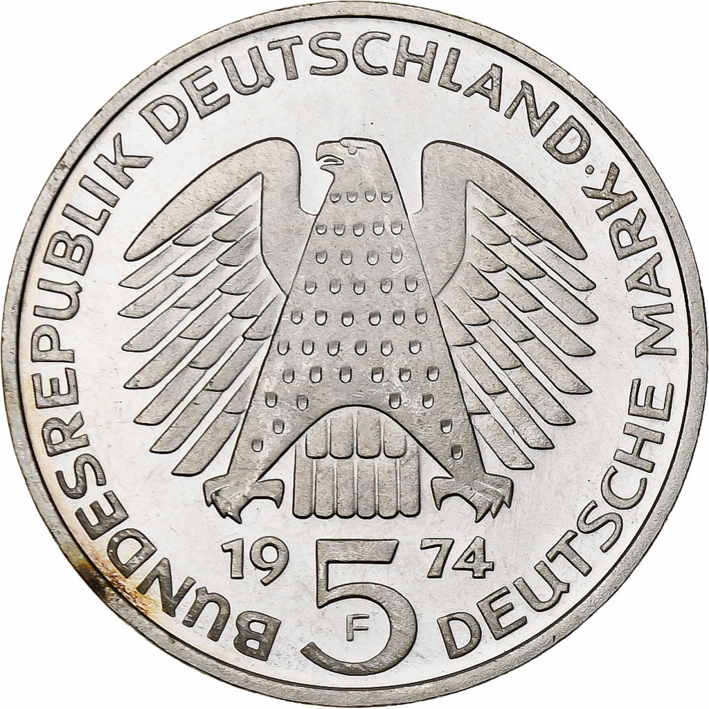 GERMANY - FEDERAL REPUBLIC, 5 Mark, 1974, Stuttgart, Silver, MS(63), KM:138