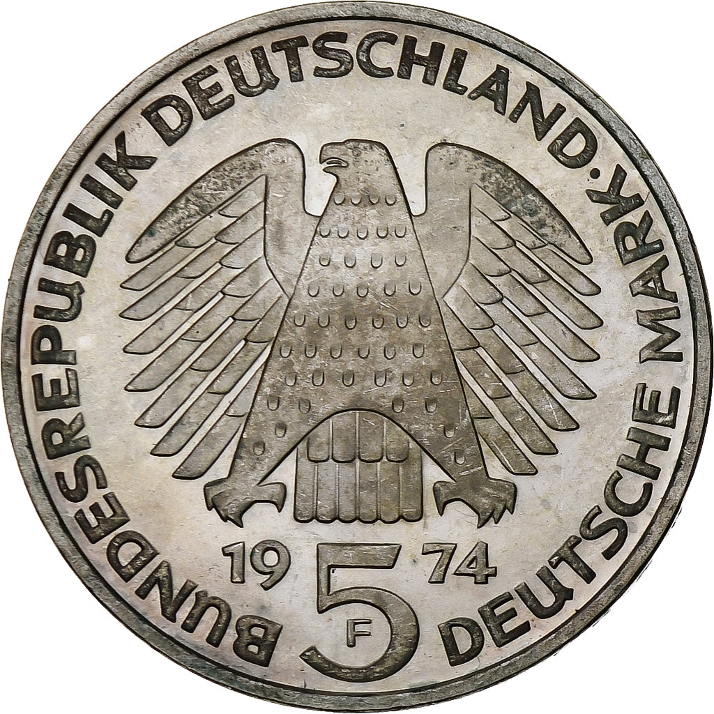 GERMANY - FEDERAL REPUBLIC, 5 Mark, 1974, Stuttgart, Silver, AU(50-53), KM:138