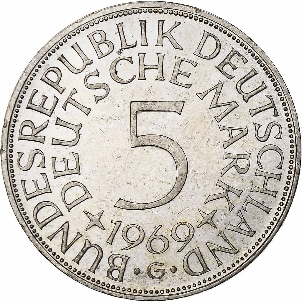Coin, GERMANY - FEDERAL REPUBLIC, 5 Mark, 1969, Karlsruhe, AU(55-58), Silver