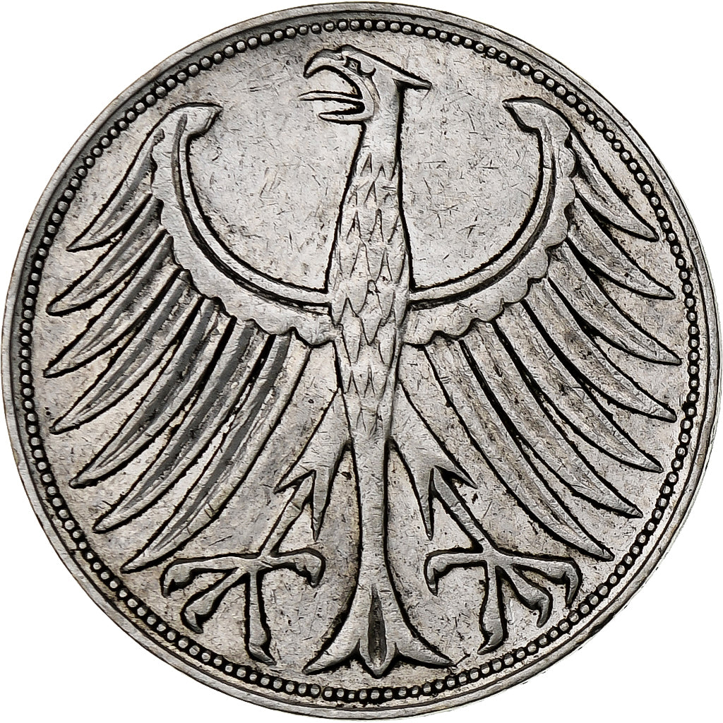 GERMANY - FEDERAL REPUBLIC, 5 Mark, 1957, Karlsruhe, Silver, AU(50-53), KM:112.1