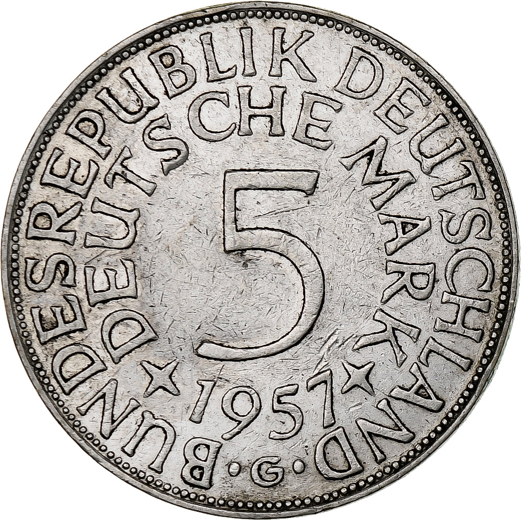 GERMANY - FEDERAL REPUBLIC, 5 Mark, 1957, Karlsruhe, Silver, AU(50-53), KM:112.1