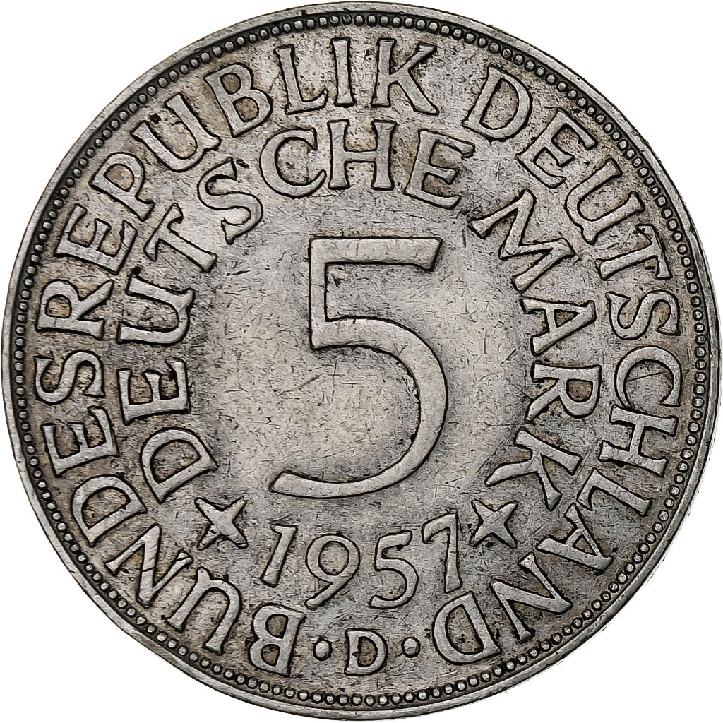GERMANY - FEDERAL REPUBLIC, 5 Mark, 1957, Munich, Silver, EF(40-45), KM:112.1