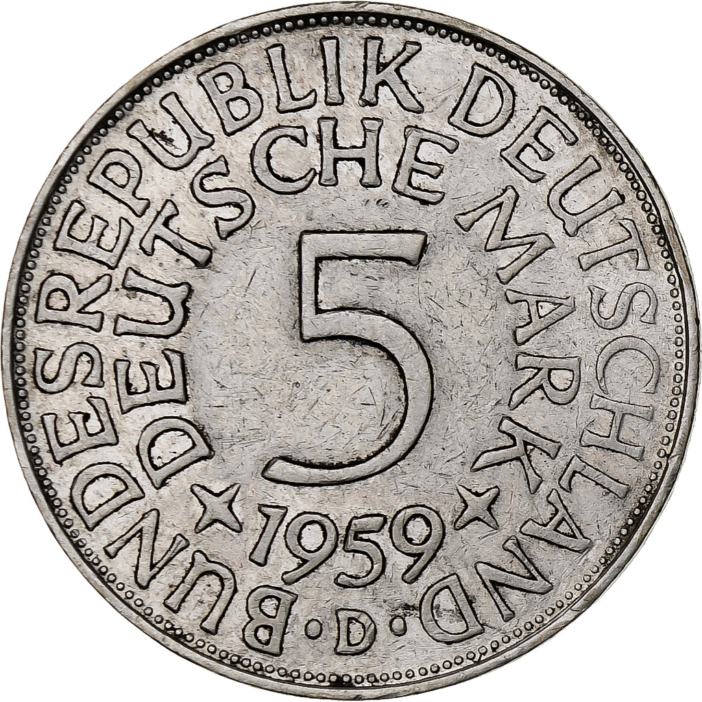 GERMANY - FEDERAL REPUBLIC, 5 Mark, 1959, Munich, Silver, EF(40-45), KM:112.1