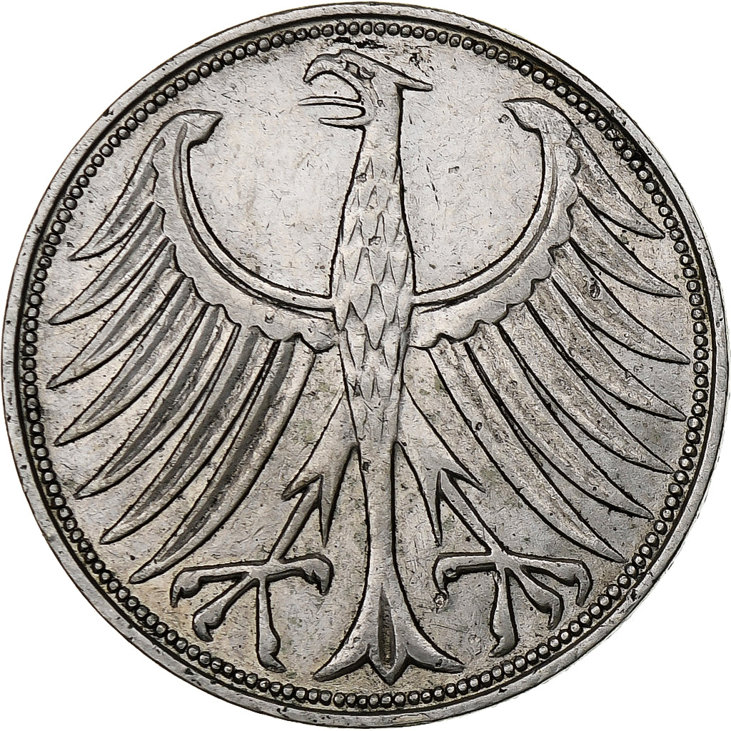 GERMANY - FEDERAL REPUBLIC, 5 Mark, 1959, Karlsruhe, Silver, EF(40-45), KM:112.1