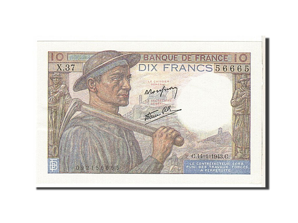 Billet, France, 10 Francs, 10 F 1941-1949 ''Mineur'', 1943, SPL, Fayette:8.7