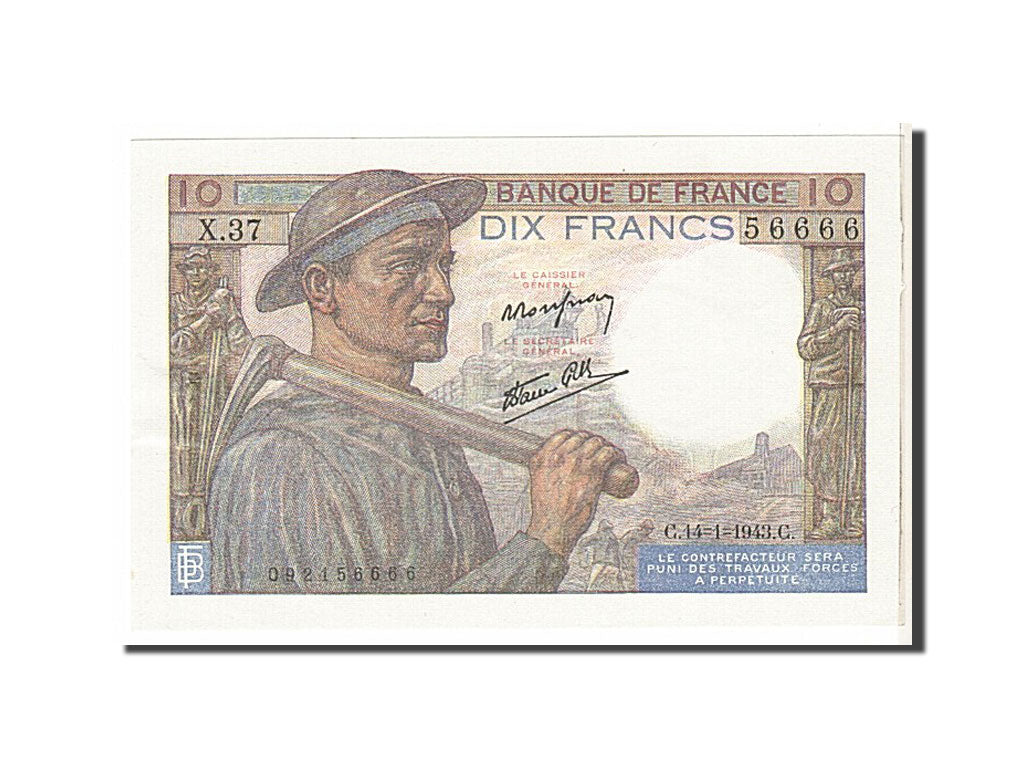 Banconote, Francia, 10 Francs, 10 F 1941-1949 ''Mineur'', 1943, SPL