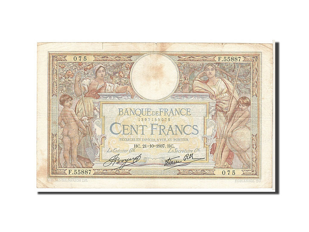 Banknote, France, 100 Francs, 100 F 1908-1939 ''Luc Olivier Merson'', 1937