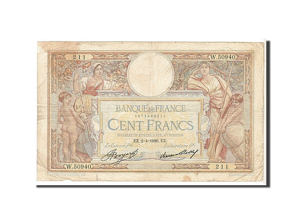 France, 100 Francs, 100 F 1908-1939 ''Luc Olivier Merson'', 1936, KM #78c,...