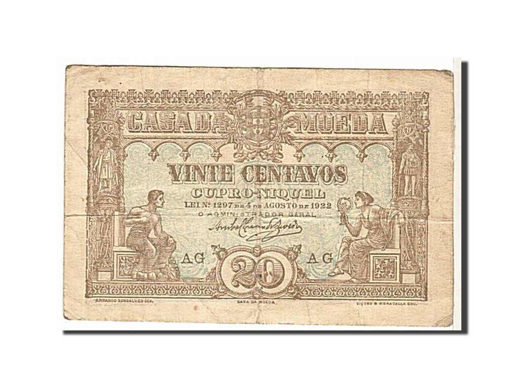 Portugal, 20 Centavos, 1922, KM #100, VF(20-25), AG