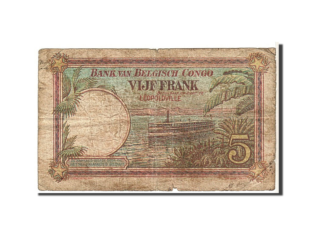 Belgian Congo, 5 Francs, 1926, KM #8b, VG(8-10), D709119