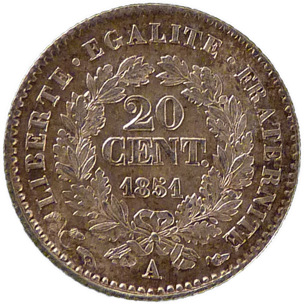 FRANCE, Cérès, 20 Centimes, 1851, Paris, KM #758.1, AU(55-58), Silver, Gadoury #