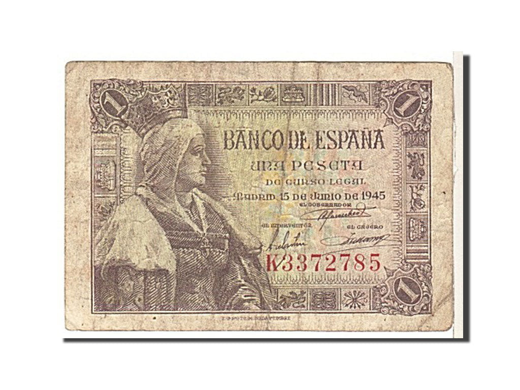 Spain, 1 Peseta, 1945, KM #128a, VF(20-25), K3372785