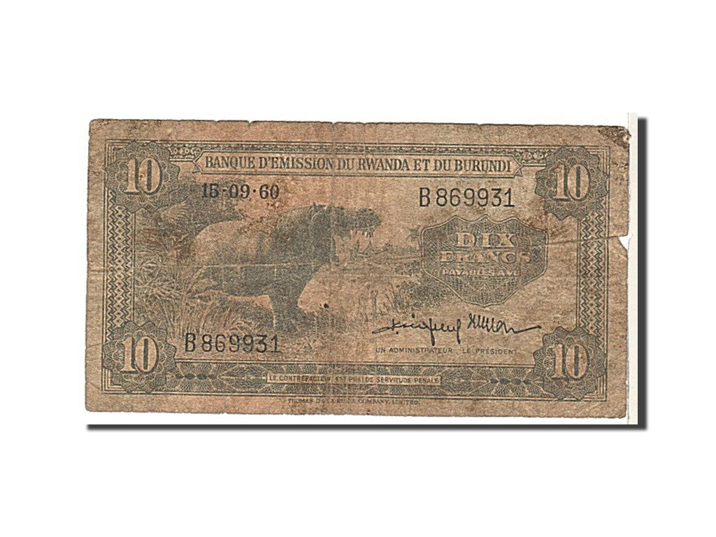 Rwanda-Burundi, 10 Francs, 1960, KM #2a, VG(8-10), B869931