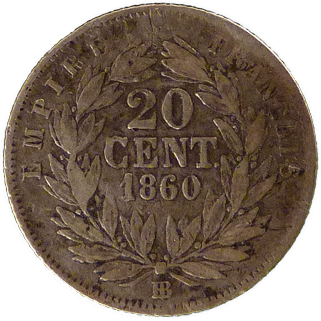 FRANCE, Napoléon III, 20 Centimes, 1860, Strasbourg, KM #778.2, VF(20-25), S...