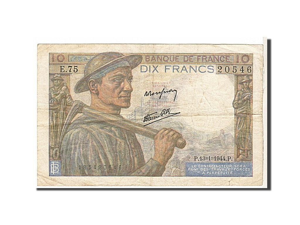 France, 10 Francs, 10 F 1941-1949 ''Mineur'', 1944, KM #99e, VF(20-25),...