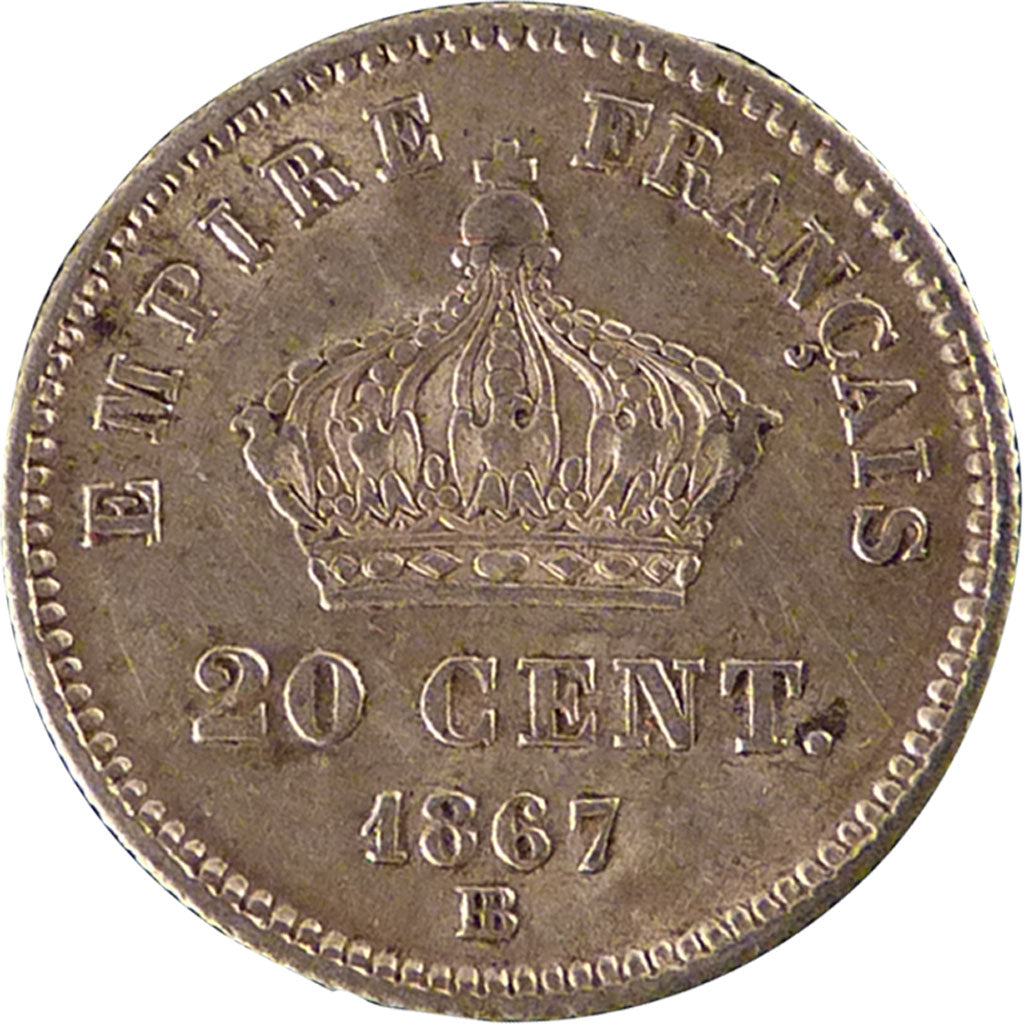 FRANCE, Napoléon III, 20 Centimes, 1867, Strasbourg, KM #808.2, AU(55-58), S...