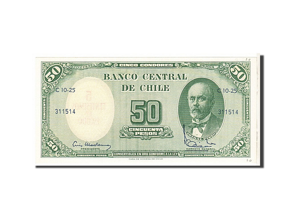 Banknote, Chile, 5 Centesimos on 50 Pesos, 1960, KM:126b, UNC(65-70)