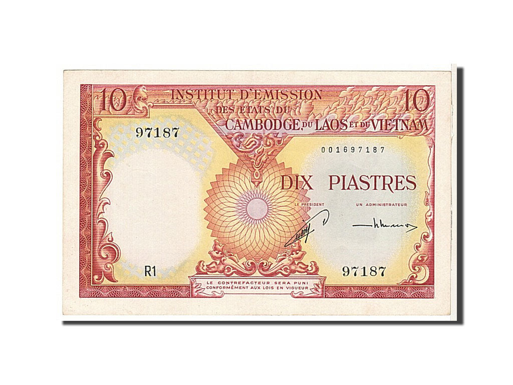 French Indo-China, 10 Piastres = 10 Riels, 1953, KM #96a, AU(55-58), R197187