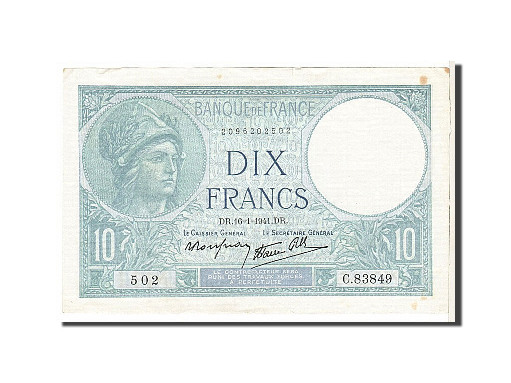 France, 10 Francs, 10 F 1916-1942 ''Minerve'', 1941, KM #84, AU(50-53),...