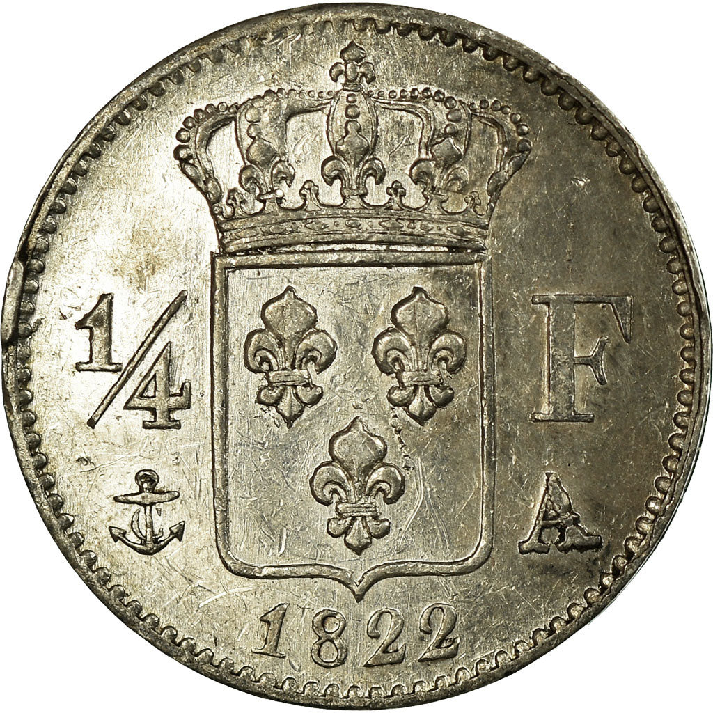 Frankreich, Louis XVIII, 1/4 Franc, 1822, Paris, Silber, SS+, Gadoury:352