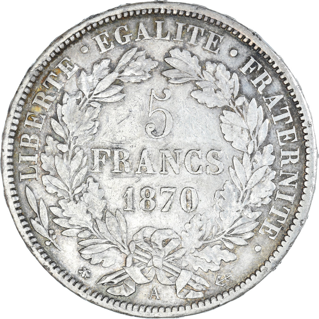 Moeda, França, Cérès, 5 Francs, 1870, Paris, EF(40-45), Prata, KM:819