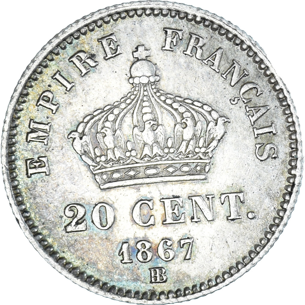 Coin, France, Napoleon III, 20 Centimes, 1867, Strasbourg, EF(40-45), Silver