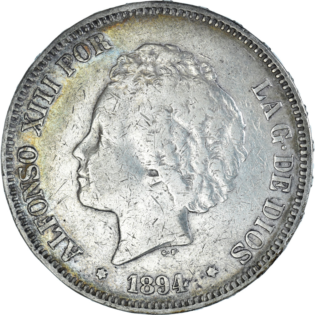 Moneda, España, Alfonso XIII, 5 Pesetas, 1894, Madrid, BC+, Plata, KM:700