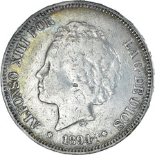 Moneda, España, Alfonso XIII, 5 Pesetas, 1894, Madrid, BC+, Plata, KM:700