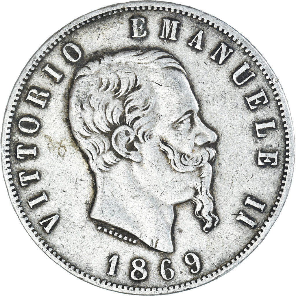 Moeda, Itália, Vittorio Emanuele II, 5 Lire, 1869, Milan, VF(30-35), Prata