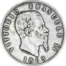 Moeda, Itália, Vittorio Emanuele II, 5 Lire, 1869, Milan, VF(30-35), Prata