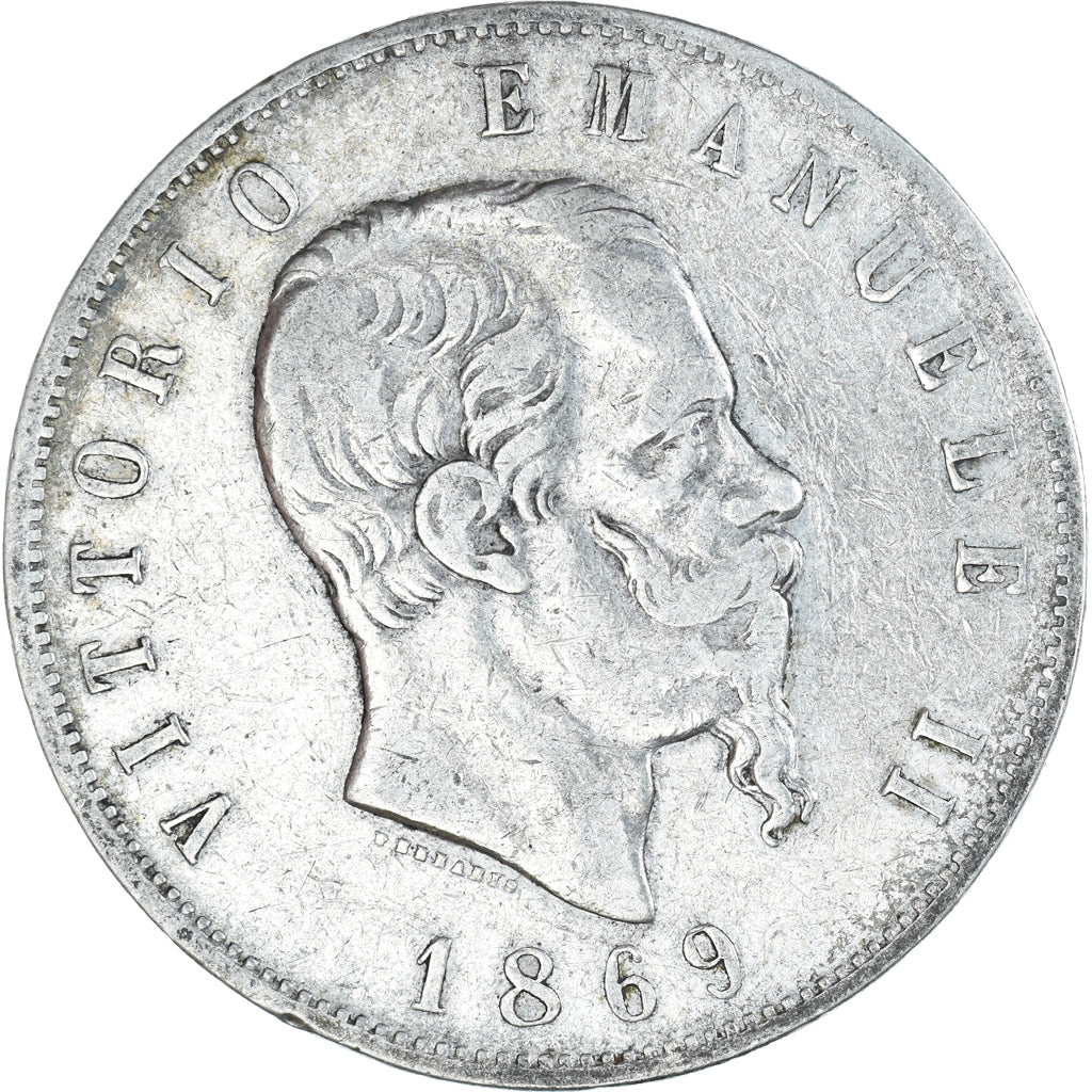 Italy, Vittorio Emanuele II, 5 Lire, 1869, Milan, VF(20-25), Silver, KM:8.3