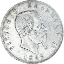 Italy, Vittorio Emanuele II, 5 Lire, 1869, Milan, VF(20-25), Silver, KM:8.3