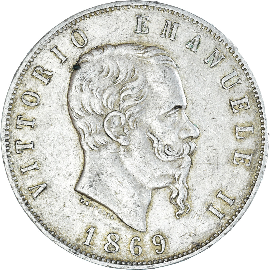 Coin, Italy, Vittorio Emanuele II, 5 Lire, 1869, Milan, EF(40-45), Silver