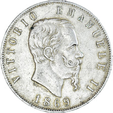 Coin, Italy, Vittorio Emanuele II, 5 Lire, 1869, Milan, EF(40-45), Silver