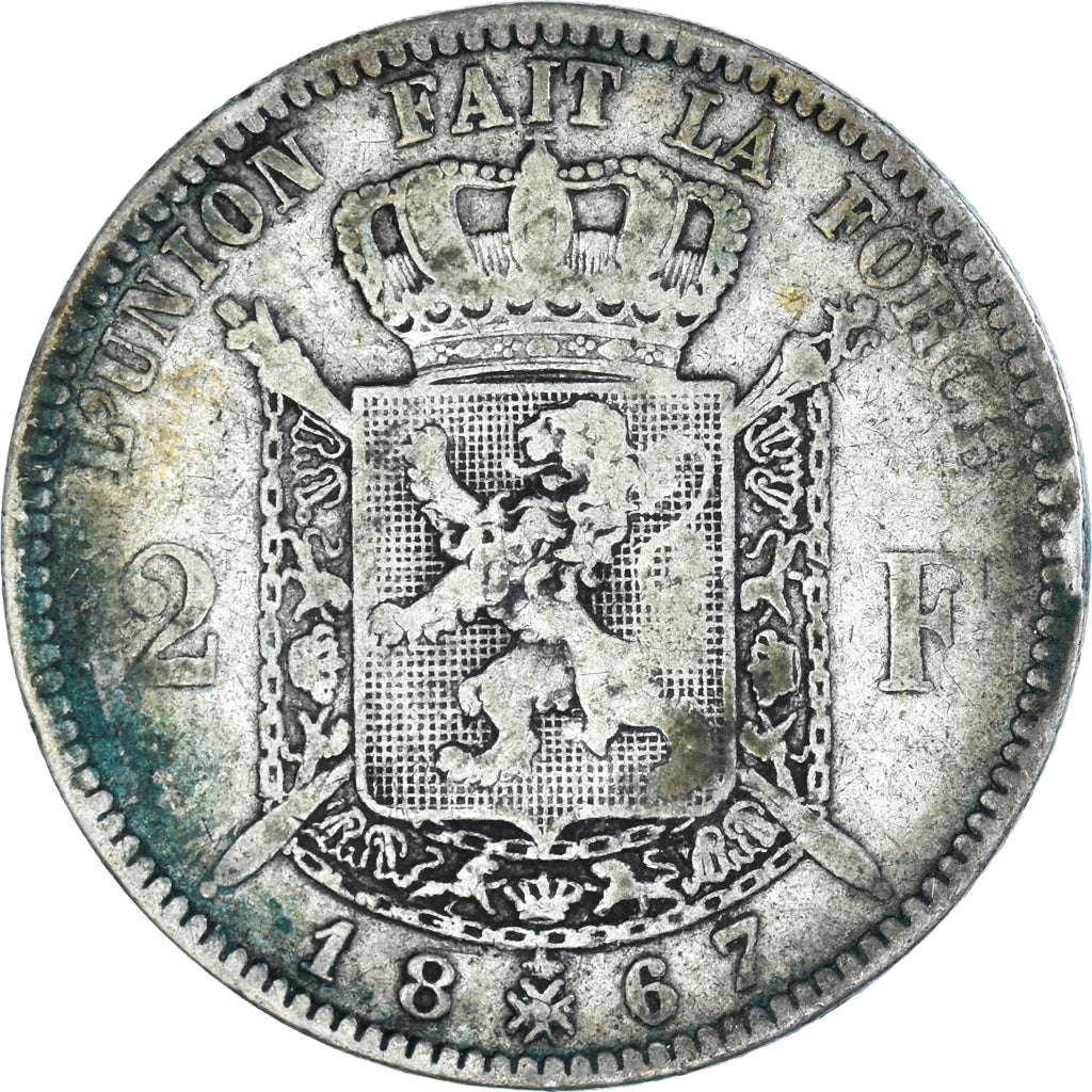 Coin, Belgium, Leopold II, 2 Francs, 2 Frank, 1867, Brussels, VF(20-25), Silver