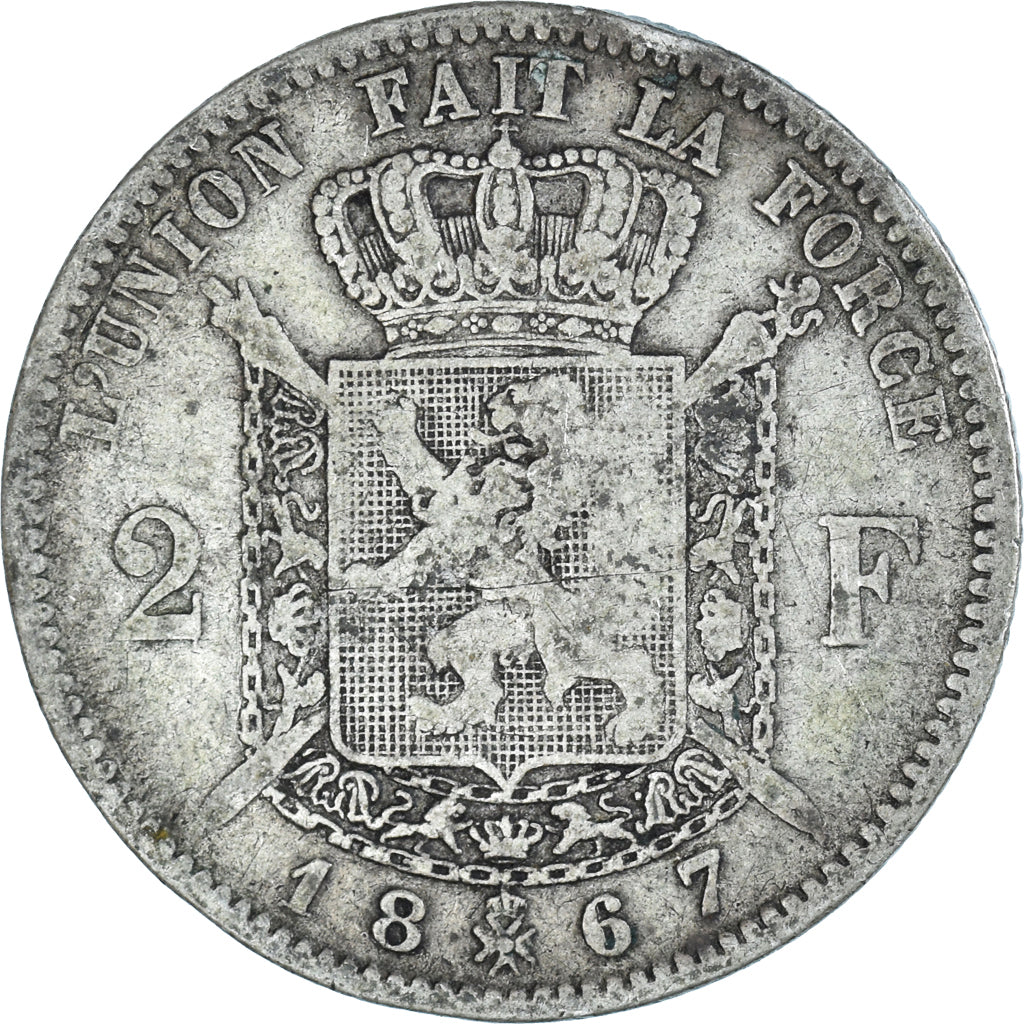 Coin, Belgium, Leopold II, 2 Francs, 2 Frank, 1867, Brussels, VF(20-25), Silver