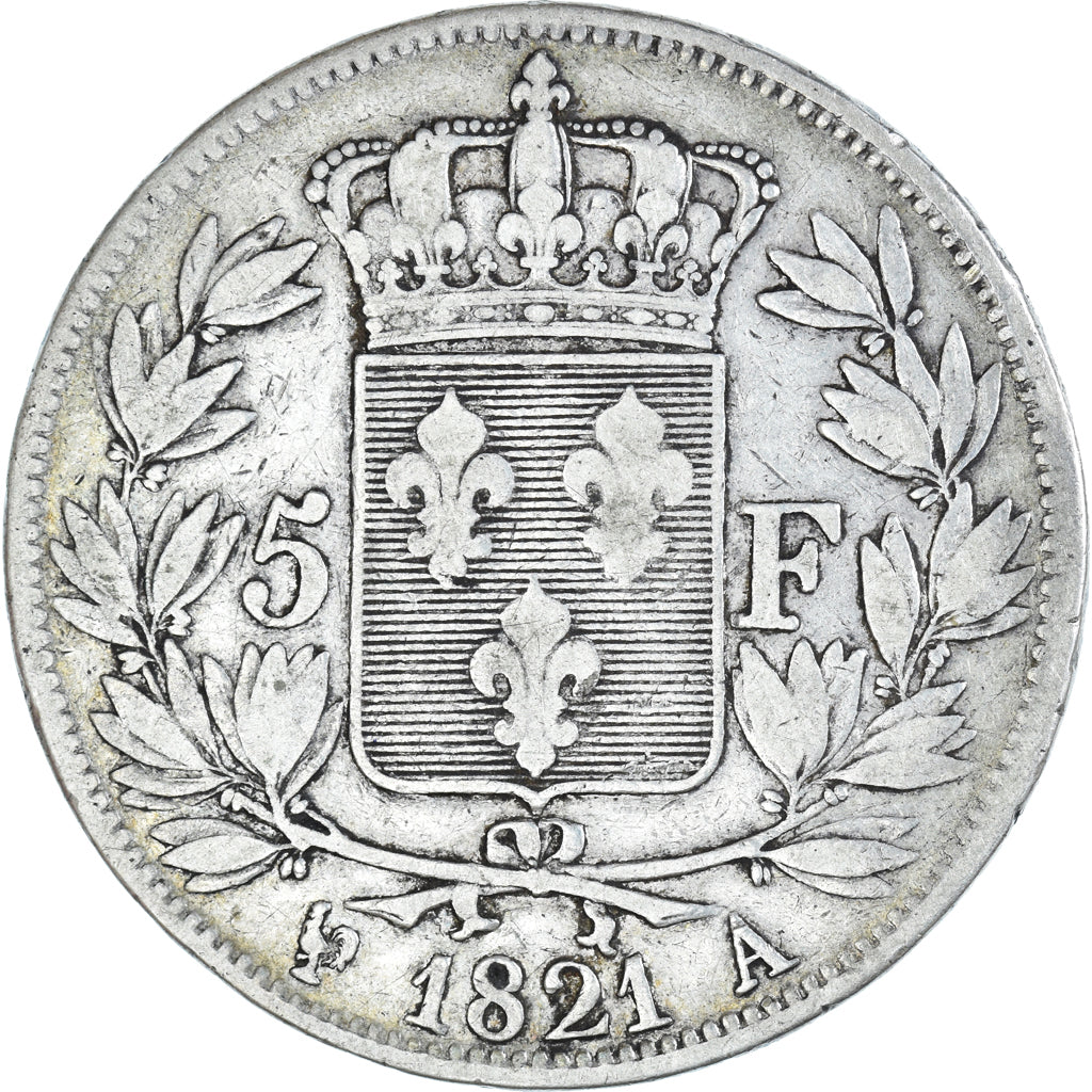 Moneda, Francia, Louis XVIII, Louis XVIII, 5 Francs, 1821, Paris, BC+, Plata