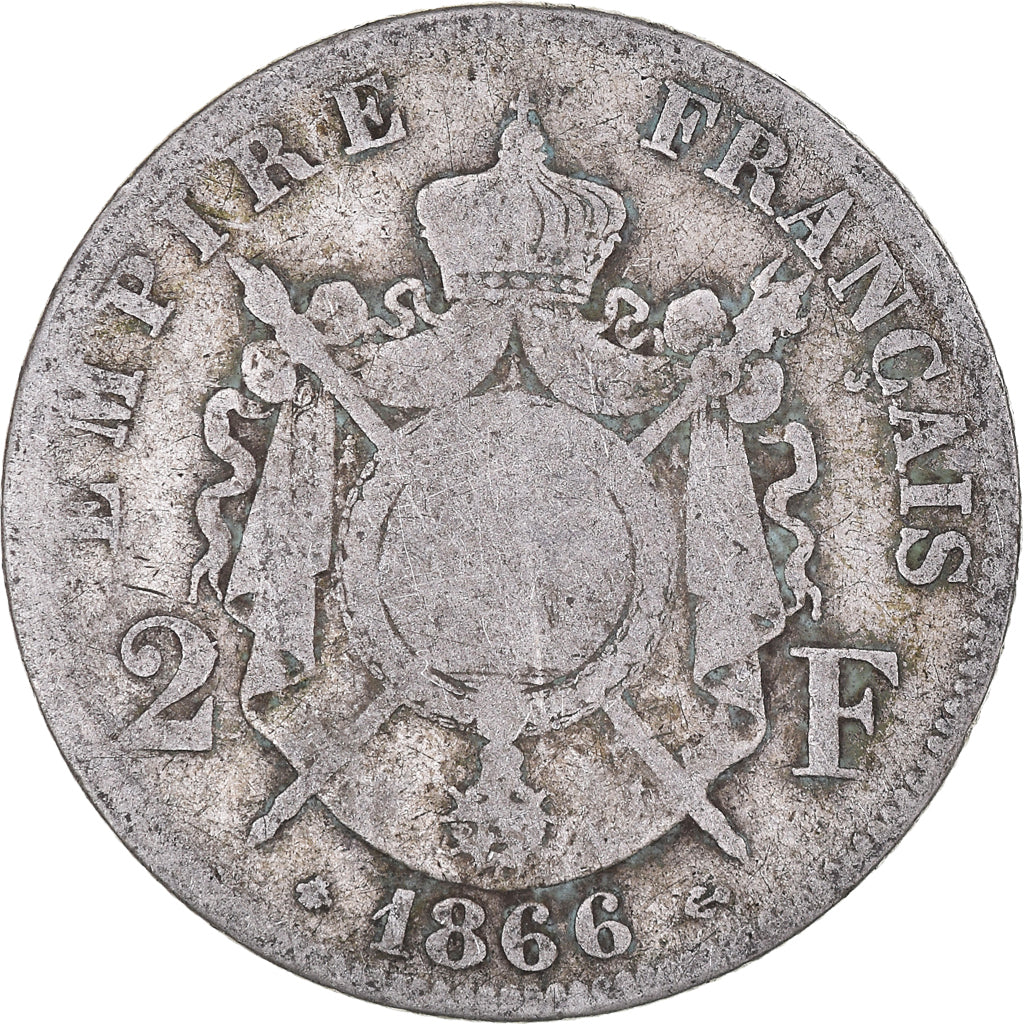 Moeda, França, Napoleon III, 2 Francs, 1866, Paris, F(12-15), Prata, KM:807.1