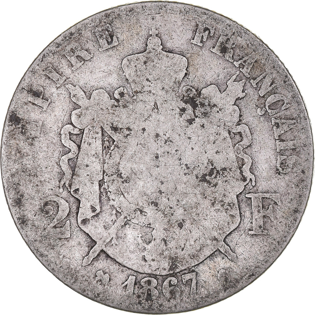 Moneta, Francja, Napoleon III, 2 Francs, 1867, Bordeaux, F(12-15), Srebro