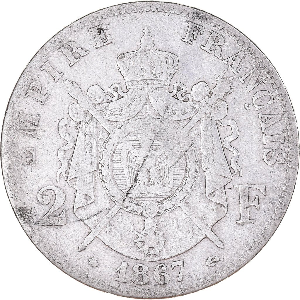 Moneta, Francia, Napoleon III, 2 Francs, 1867, Paris, B+, Argento, KM:807.1