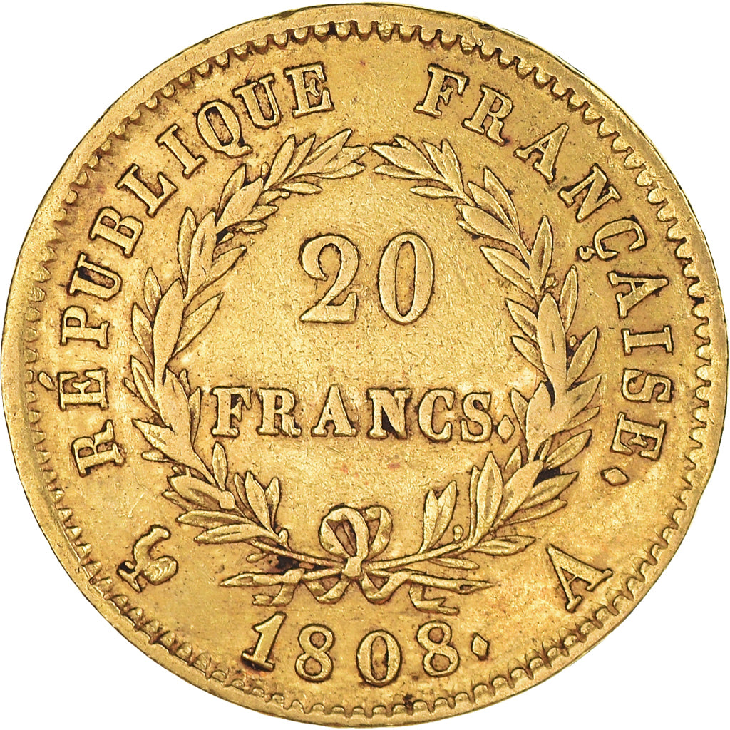 Moneda, Francia, Napoléon I, 20 Francs, 1808, Paris, BC+, Oro, KM:687.1