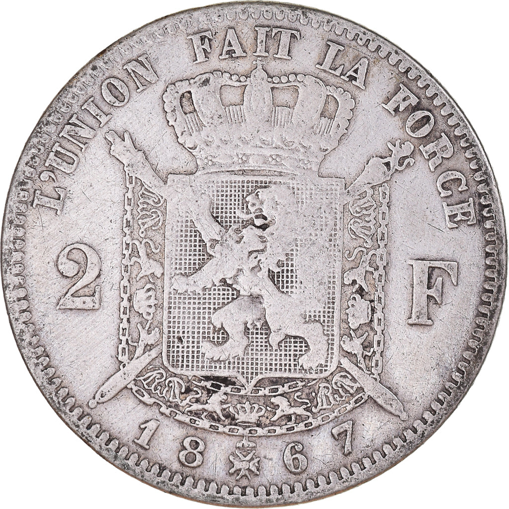 Coin, Belgium, Leopold II, 2 Francs, 2 Frank, 1867, VF(20-25), Silver, KM:30.2