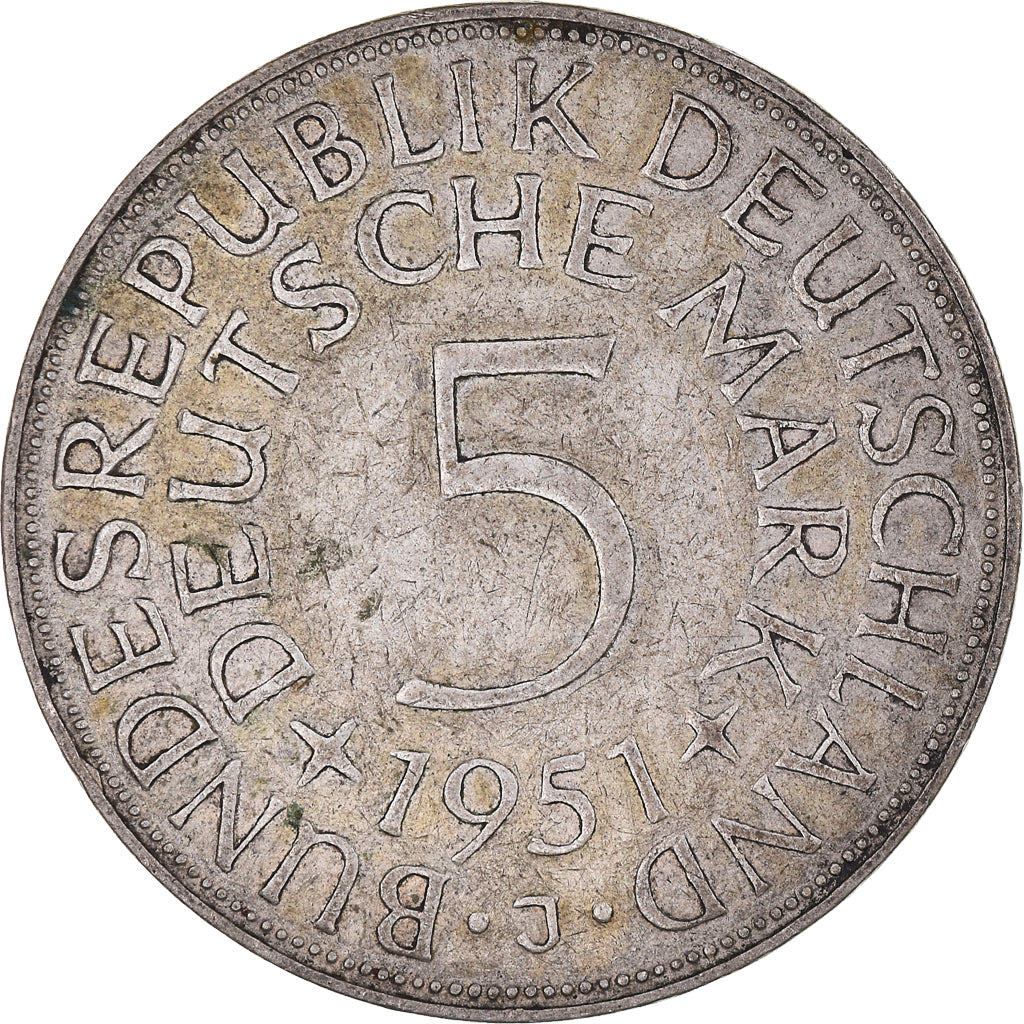 Moneda, ALEMANIA - REPÚBLICA FEDERAL, 5 Mark, 1951, Hambourg, MBC, Plata