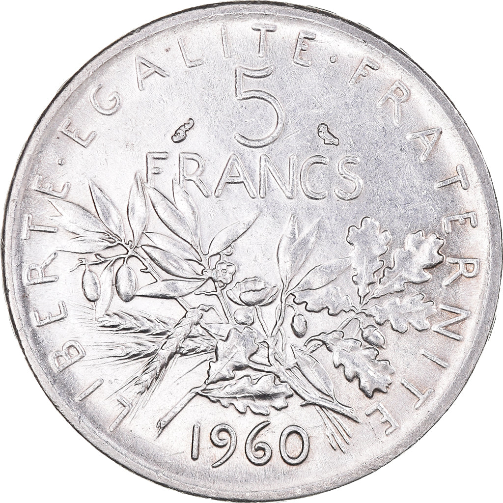 Moeda, França, Semeuse, 5 Francs, 1960, MS(60-62), Prata, KM:926, Gadoury:770