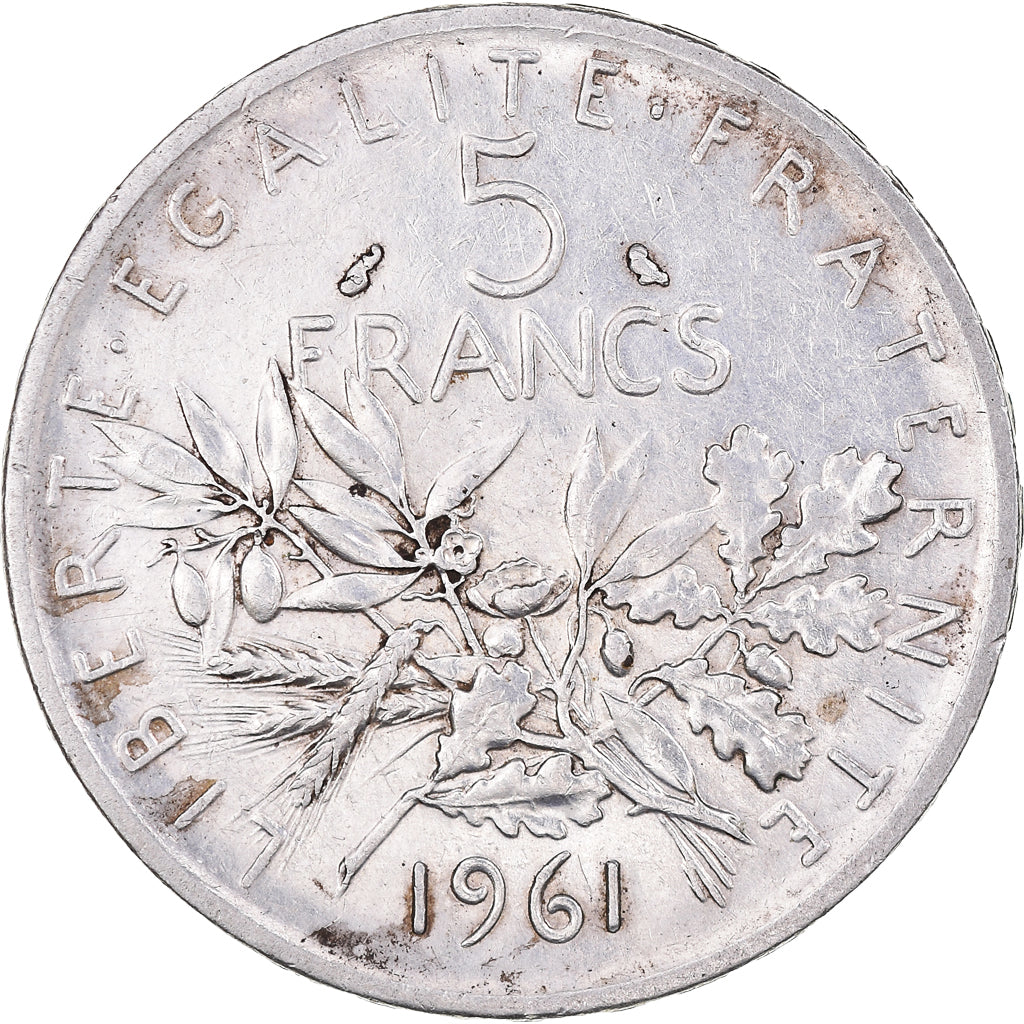 Moneda, Francia, Semeuse, 5 Francs, 1961, Paris, MBC+, Plata, KM:926