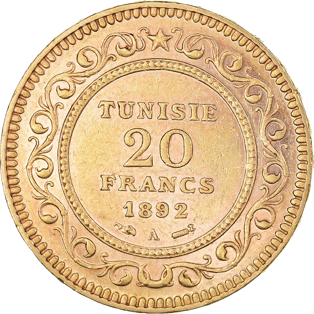 Moneta, Tunisia, Ali Bey, 20 Francs, 1892, Paris, SPL-, Oro, KM:227