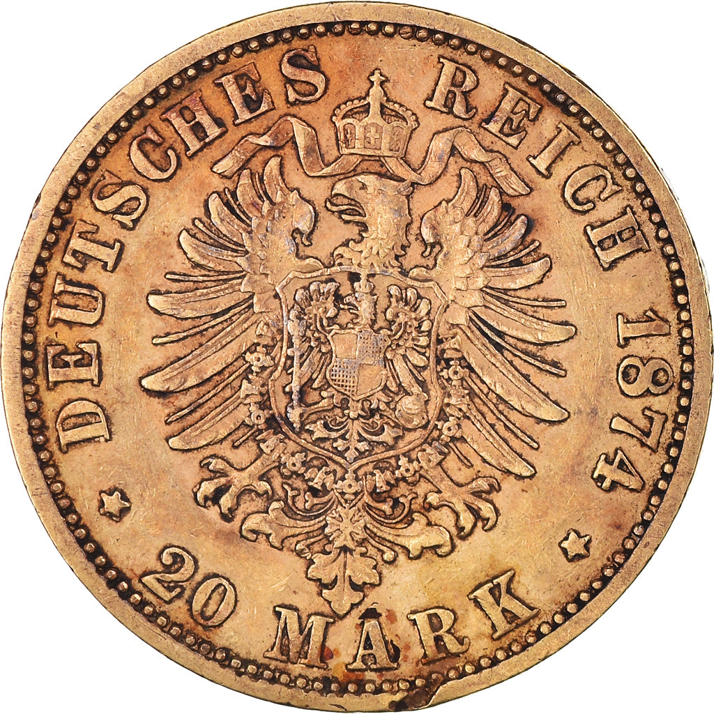 Moneta, Stati tedeschi, PRUSSIA, Wilhelm I, 20 Mark, 1874, Hannover, BB, Oro