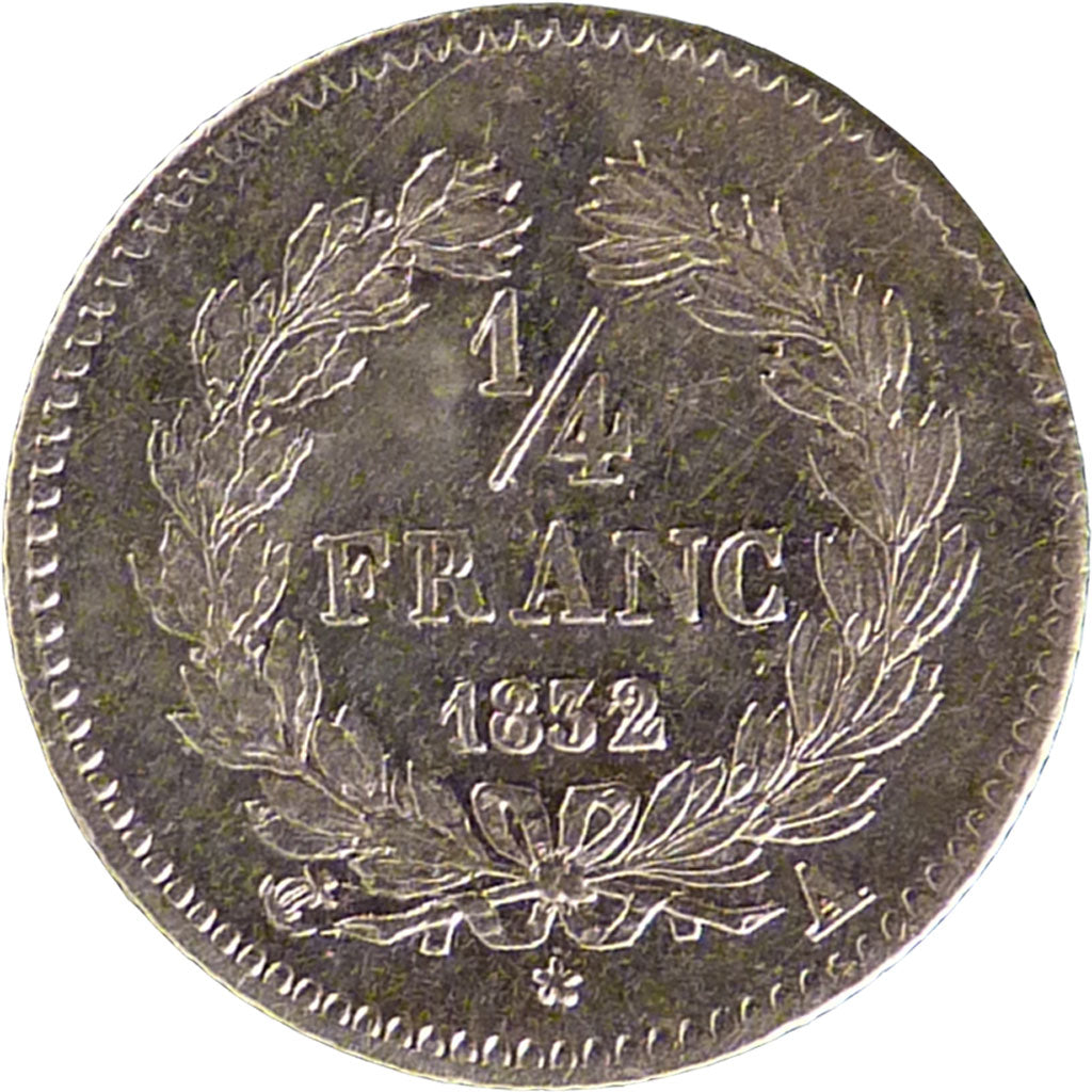 FRANCE, Louis-Philippe, 1/4 Franc, 1832, Paris, AU(55-58), Silver, Gadoury...