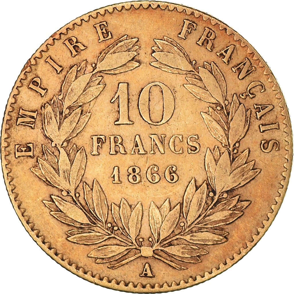 Moneda, Francia, Napoleon III, 10 Francs, 1866, Paris, BC+, Oro, KM:800.1
