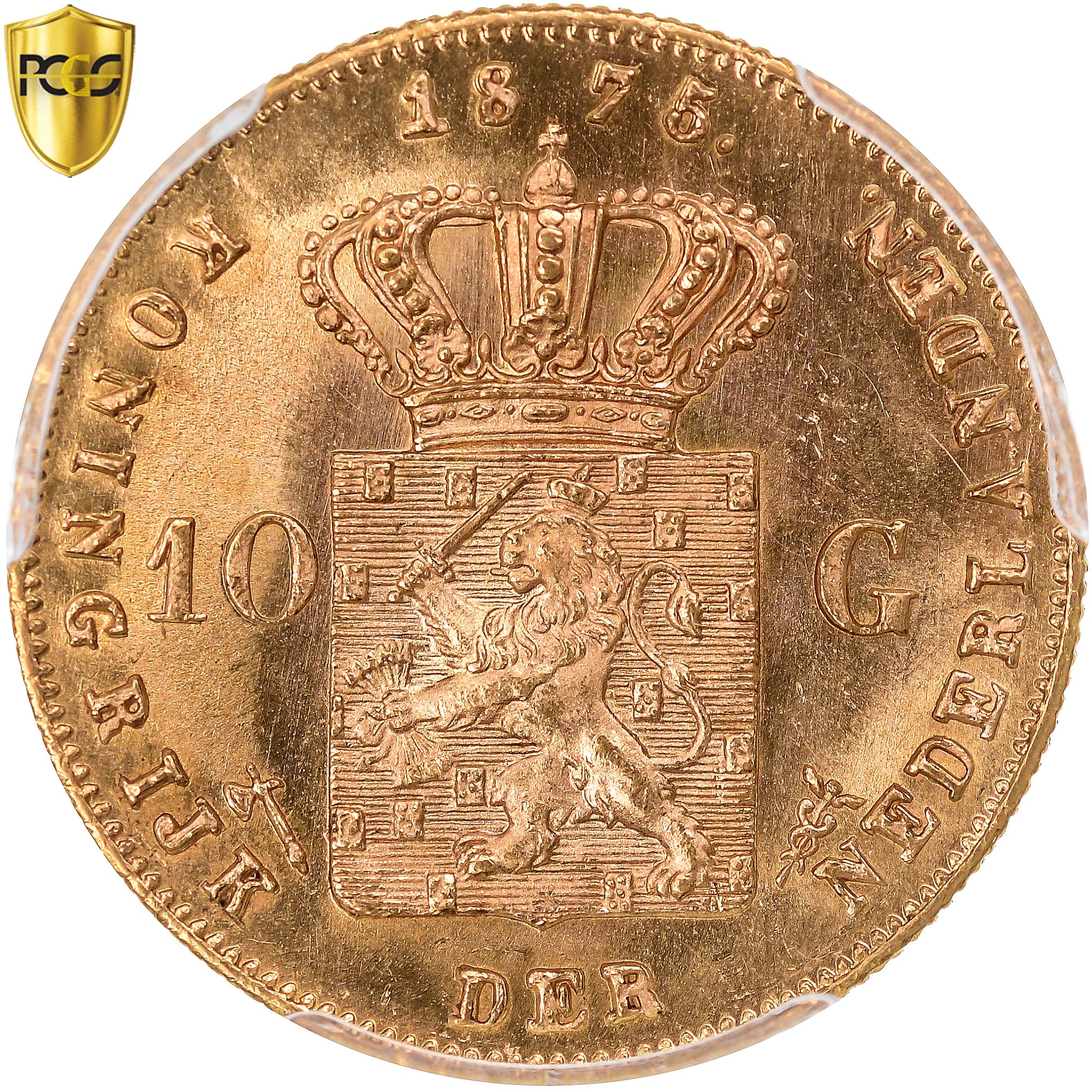 Moneta, Paesi Bassi, William III, 10 Gulden, 1875, Utrecht, PCGS, MS64, SPL+